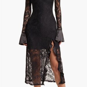 bebe Lace High Slit Bell Long Sleeve Midi Dress